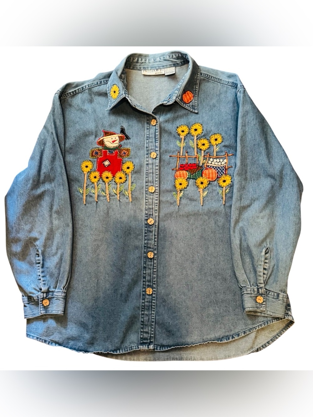 Vintage Dress Barn Passports Fall Embroidered Denim Button Down Shirt Size 1X